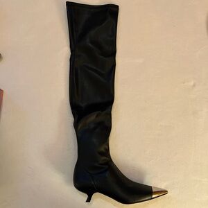 Black Faux Leather Thigh-High Boots with Silver Tip Katy‎ Perry